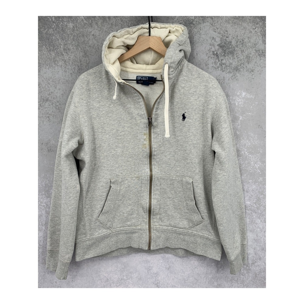 Vintage Polo Ralph Lauren Sweater Mens Large Gray Hoodie Waffle Lined Full Zip